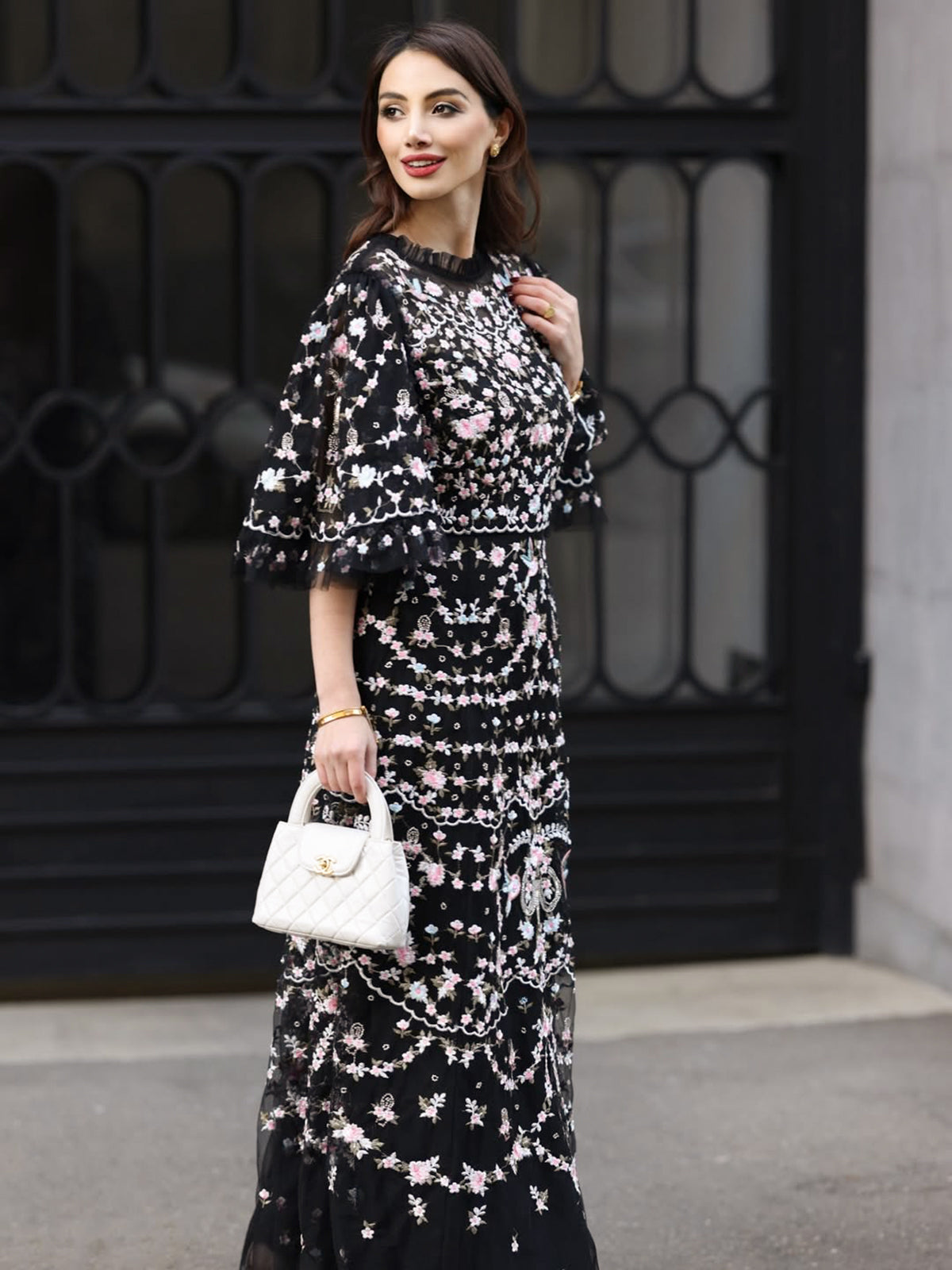Embroidered Floral Ruffled Tulle Dress