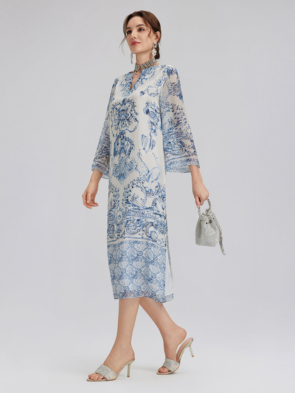 Silk Italian Floral Printed V-Neckline Dress