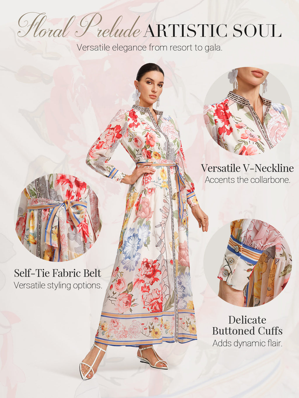 Floral Printed Adjustable-Cuffs Shirt Dress (Waist Tie Included)