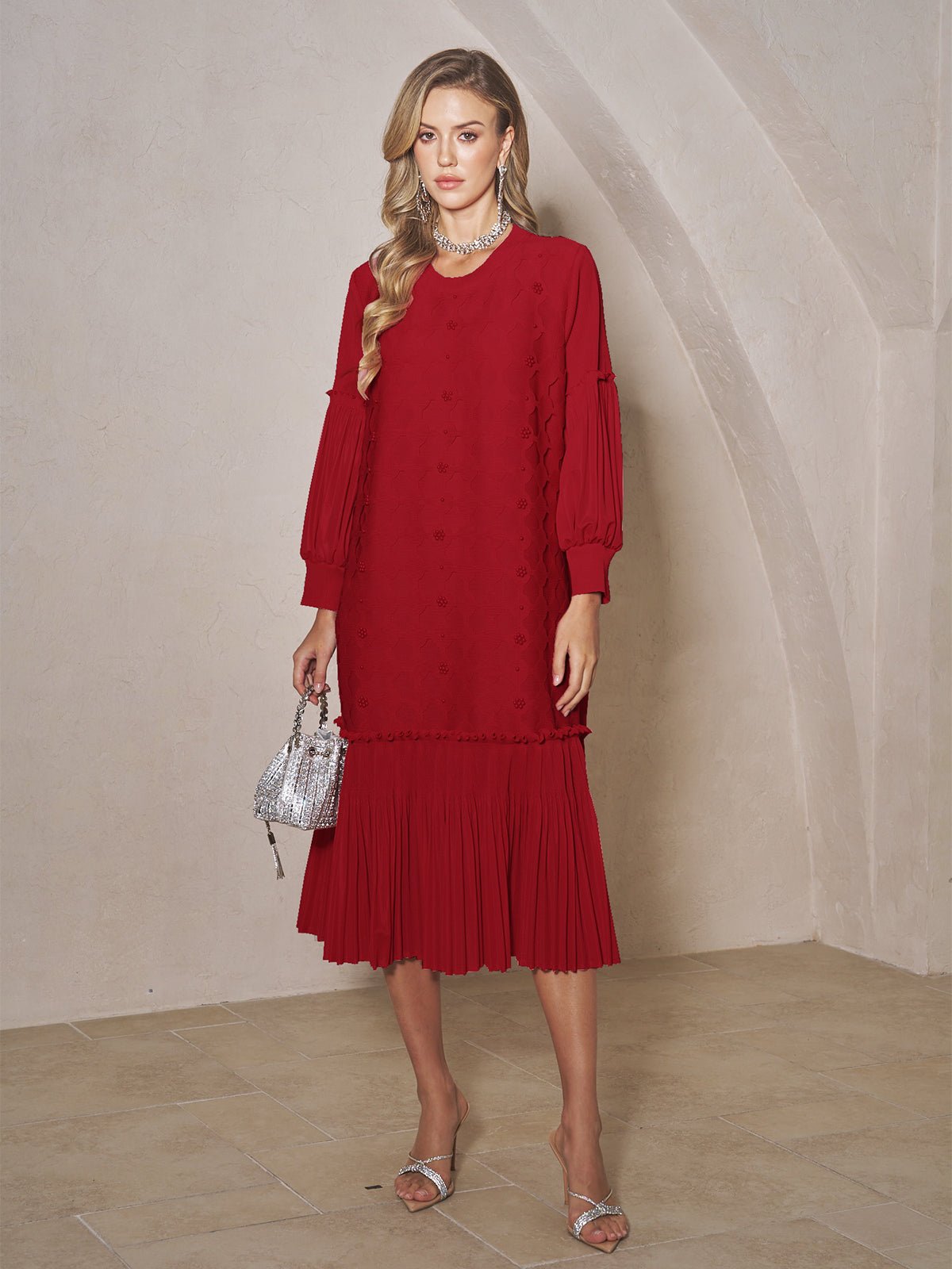 Beaded Jacquard Pleated Midi Dress