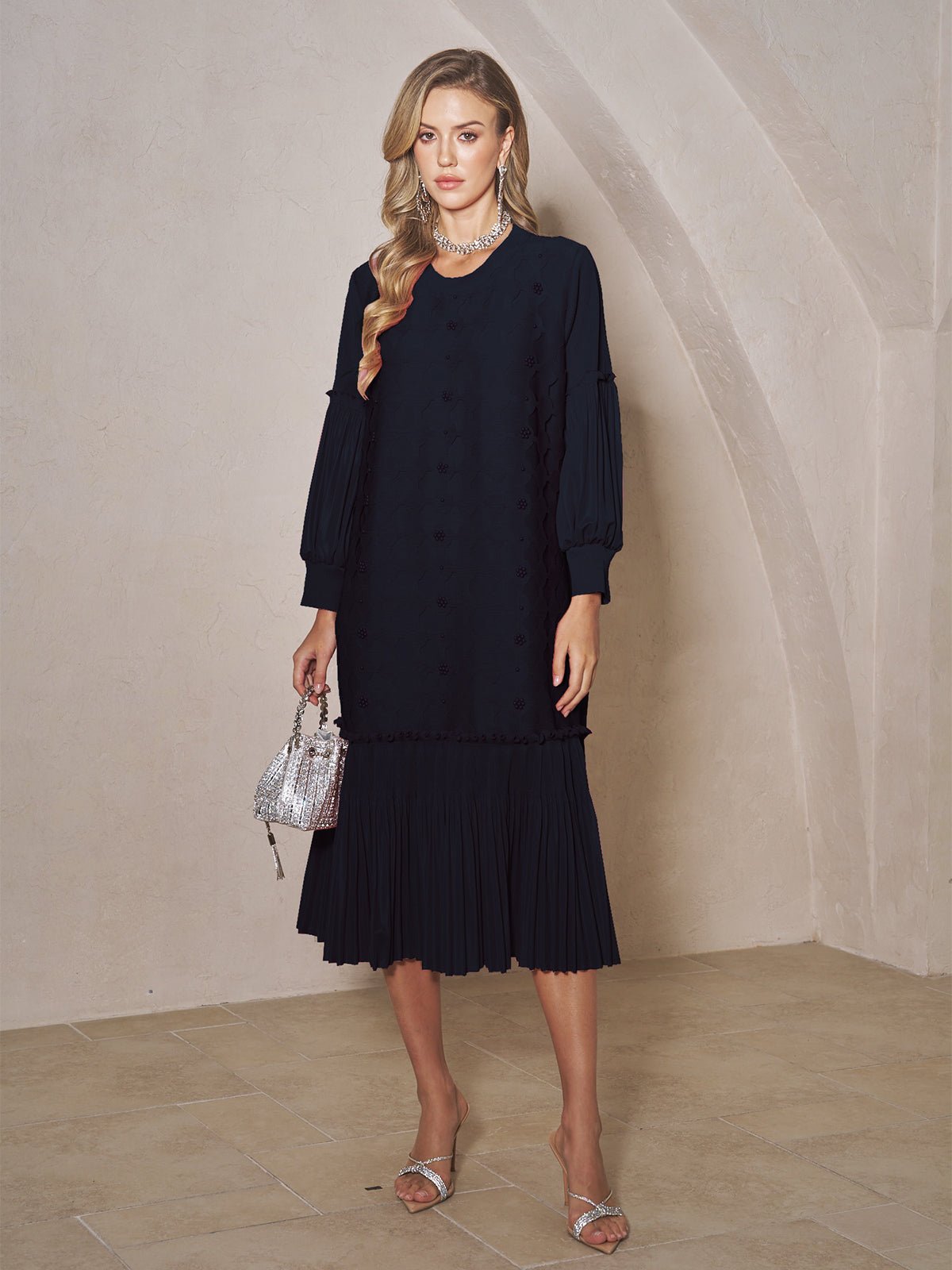 Beaded Jacquard Pleated Midi Dress