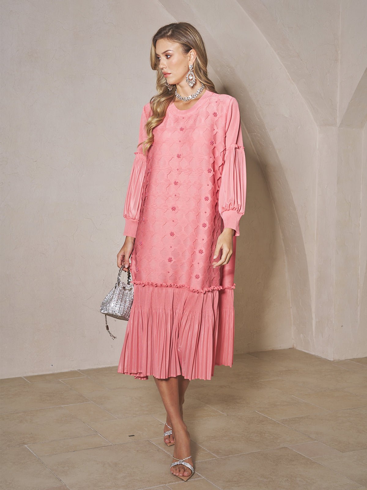 Beaded Jacquard Pleated Midi Dress