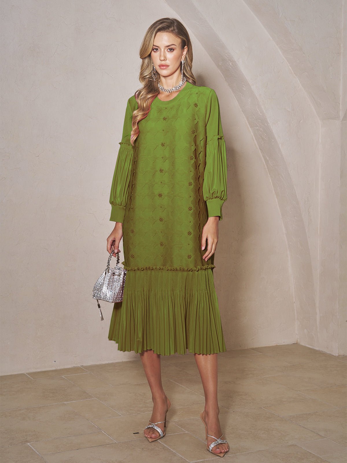 Beaded Jacquard Pleated Midi Dress