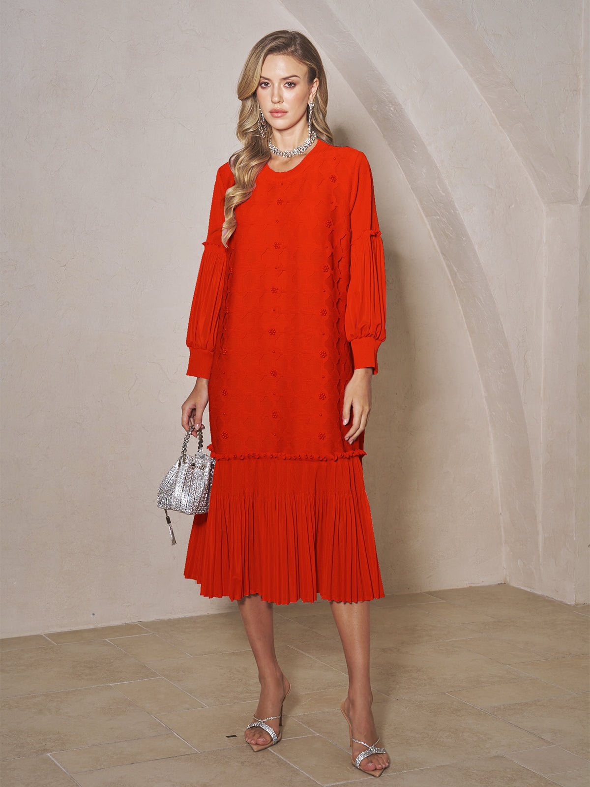 Beaded Jacquard Pleated Midi Dress