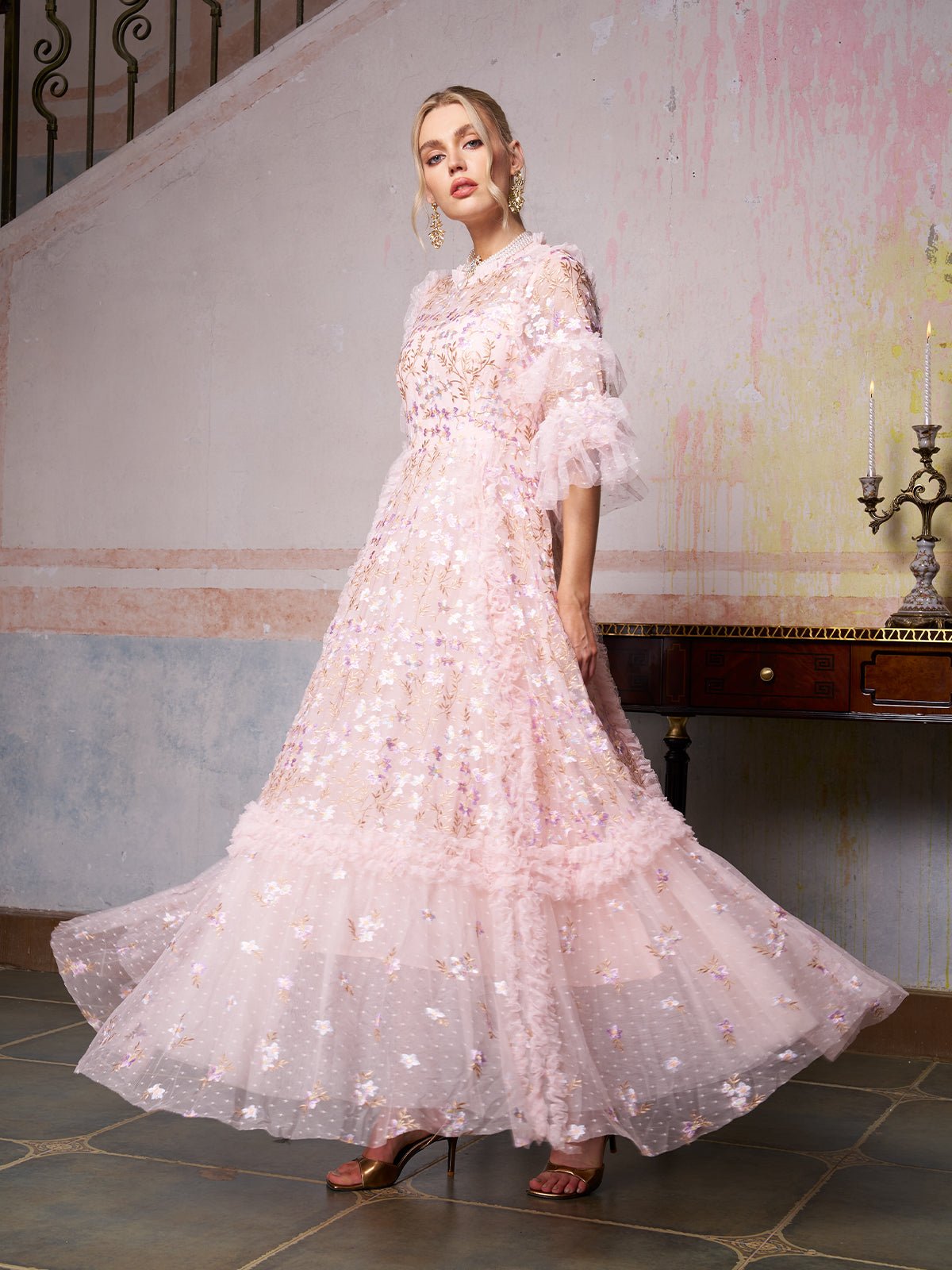 Floral Embroidered Layered Tulle Dress