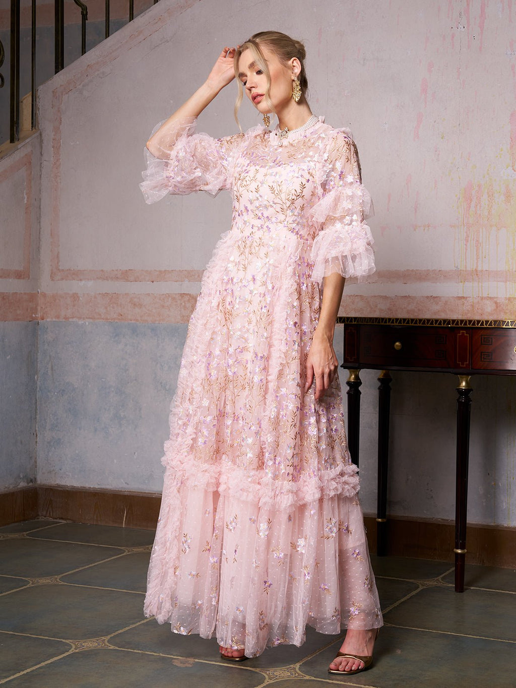 Floral Embroidered Layered Tulle Dress