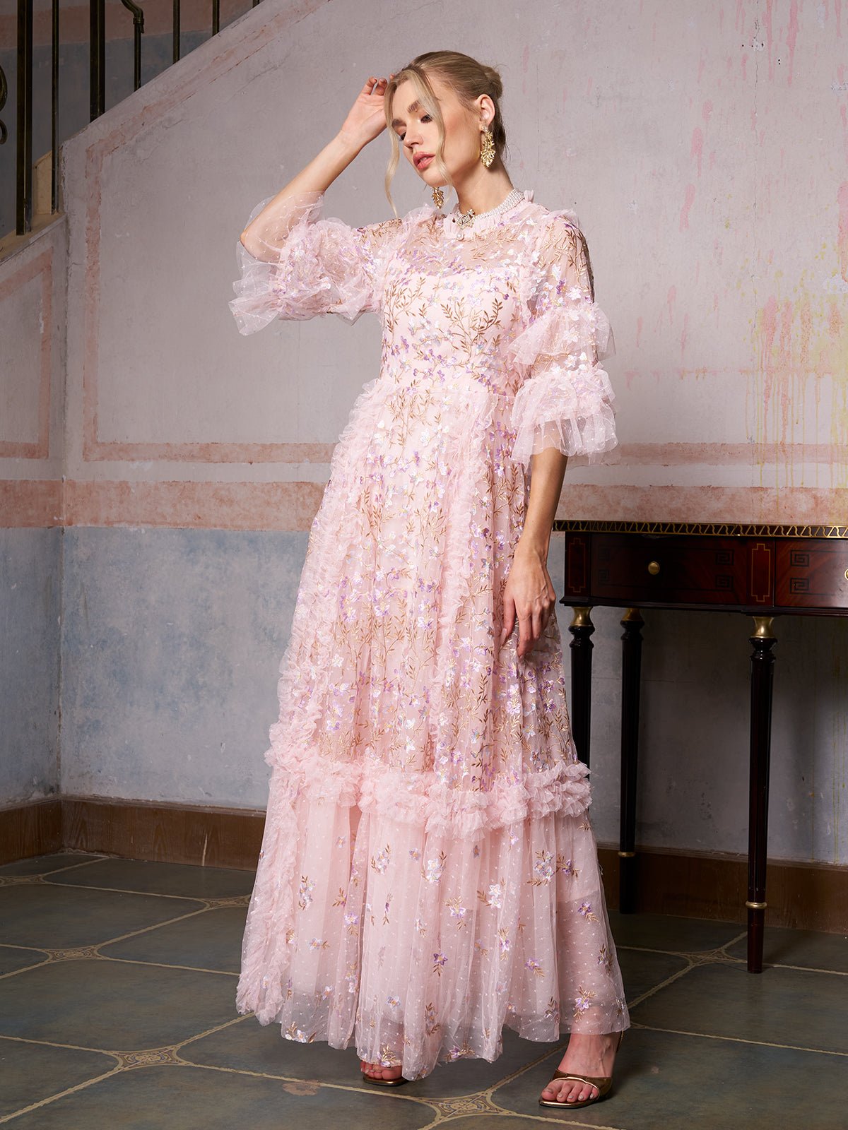 Floral Embroidered Layered Tulle Dress
