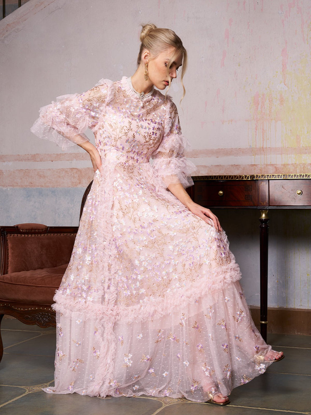 Floral Embroidered Layered Tulle Dress
