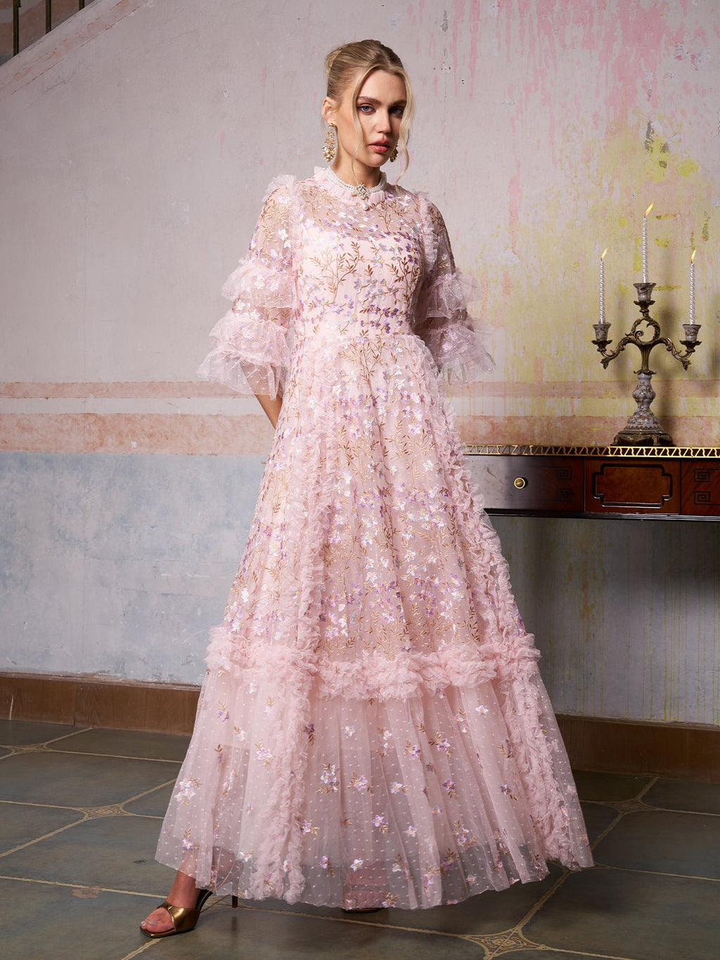 Floral Embroidered Layered Tulle Dress