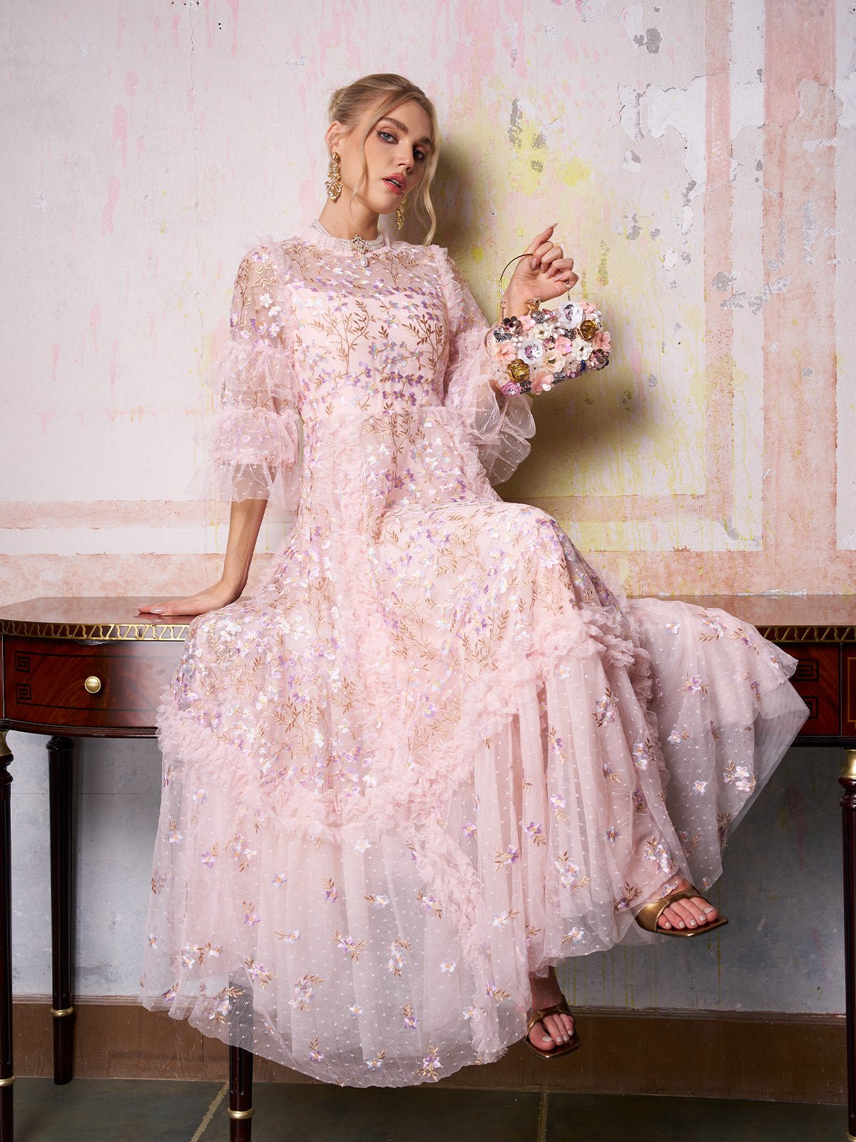 Floral Embroidered Layered Tulle Dress