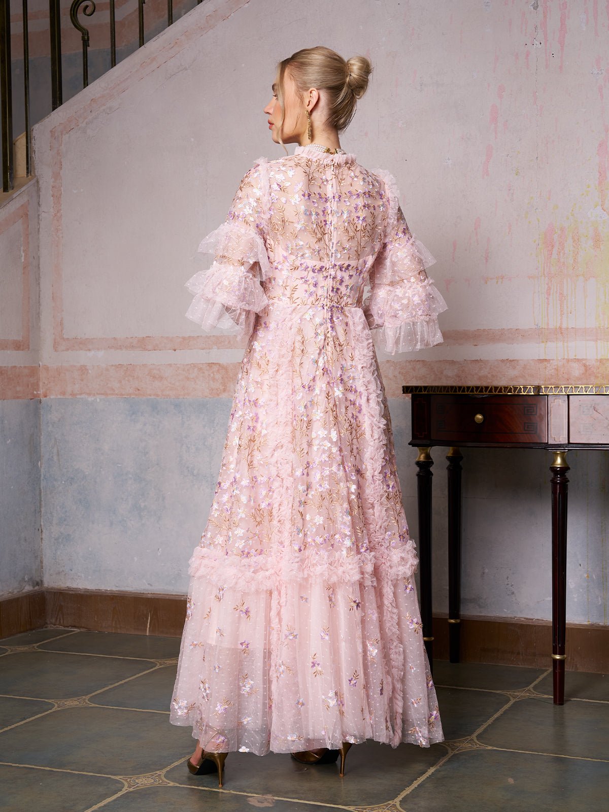 Floral Embroidered Layered Tulle Dress