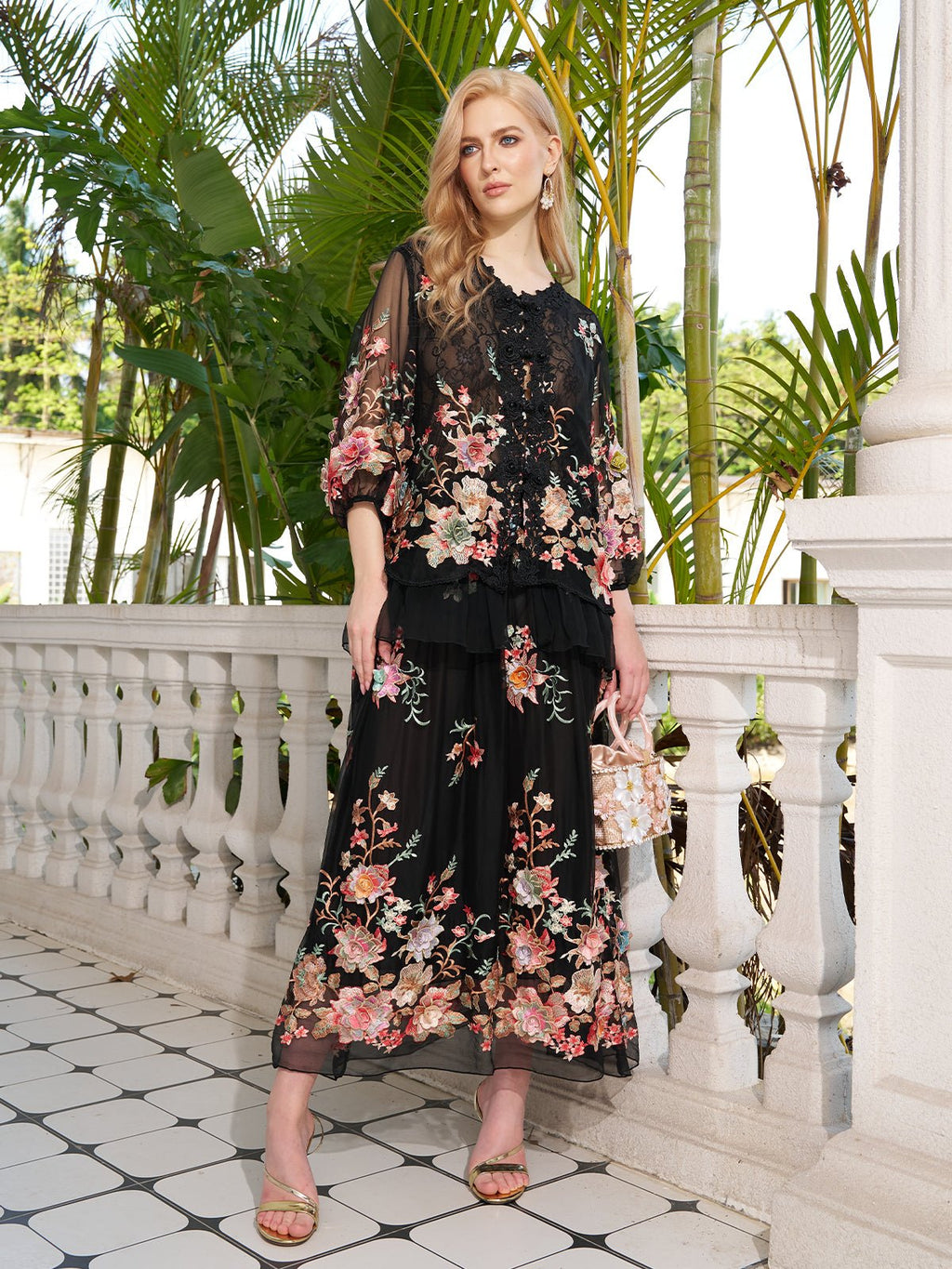 Floral Embroidery 100% Mulberry Silk Tulle Blouse