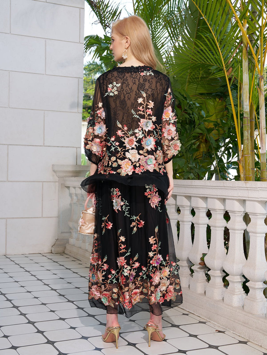 Floral Embroidery 100% Mulberry Silk Tulle Skirt