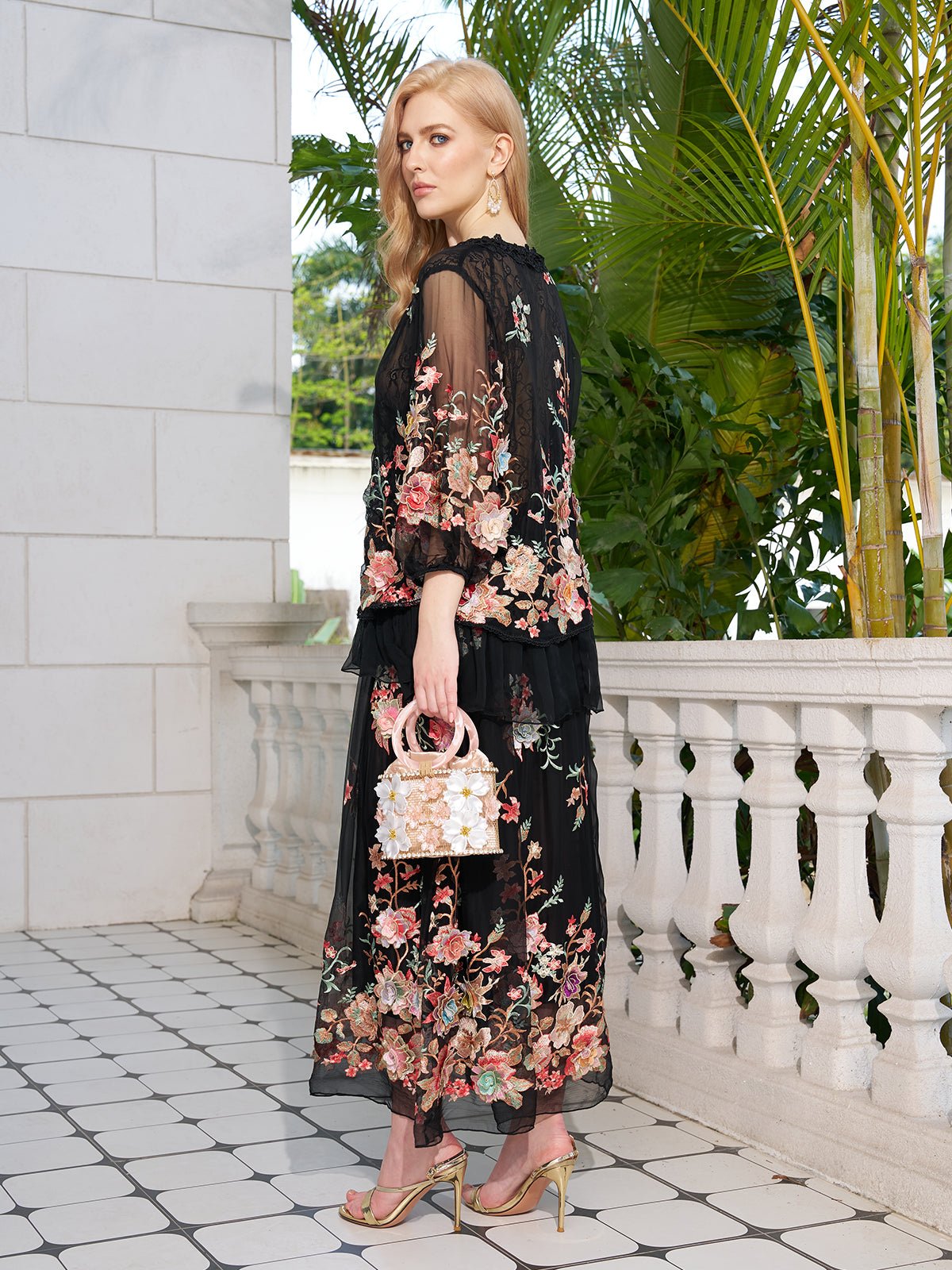 Floral Embroidery 100% Mulberry Silk Tulle Skirt
