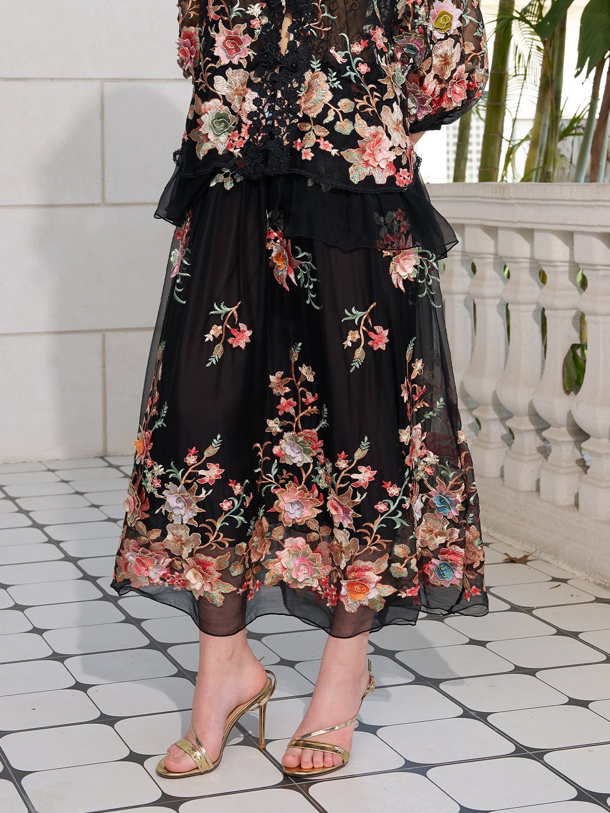Floral Embroidery 100% Mulberry Silk Tulle Skirt