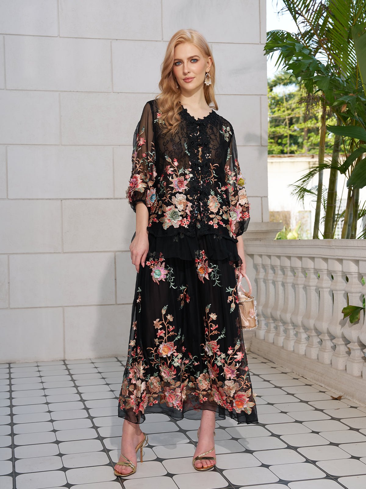 Floral Embroidery 100% Mulberry Silk Tulle Skirt