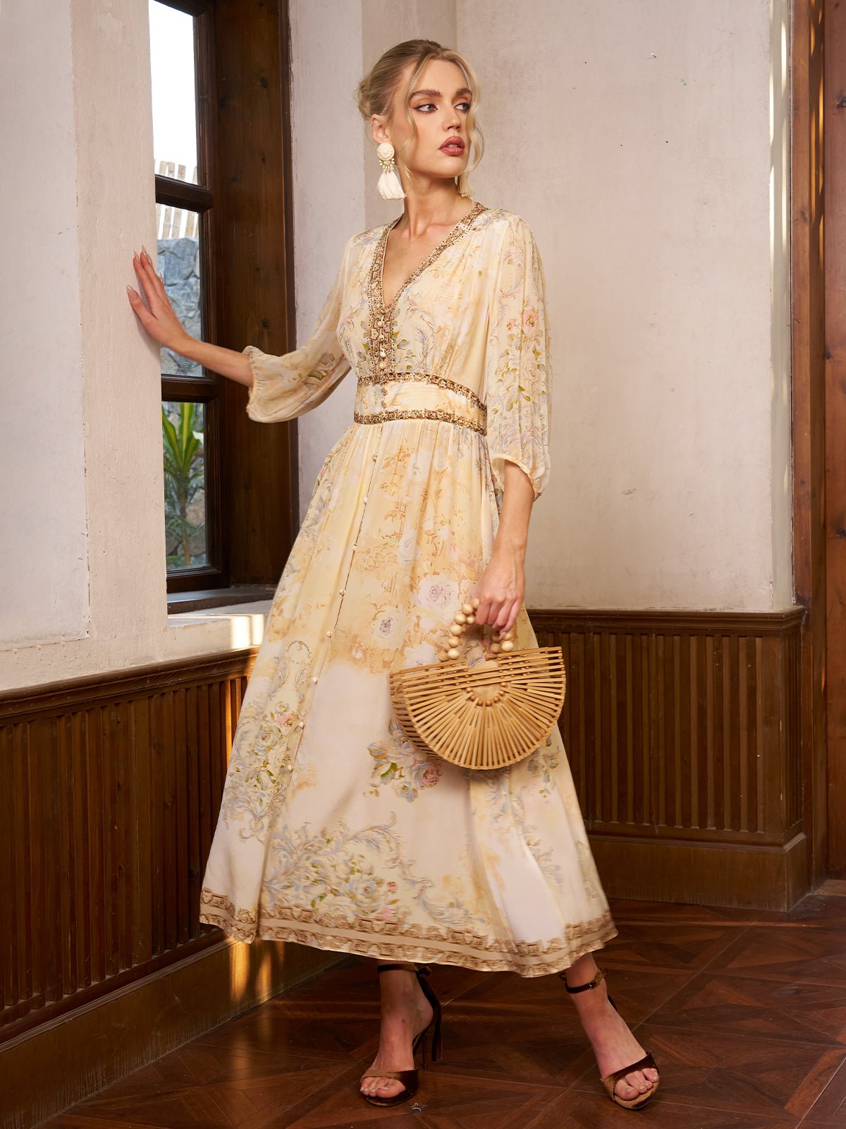 Floral Silk V-Neck Beaded Dress