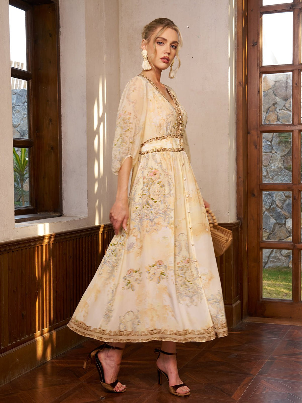 Floral Silk V-Neck Beaded Dress