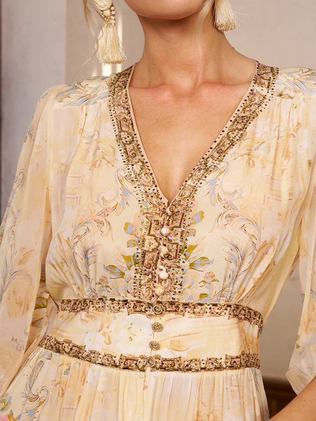 Floral Silk V-Neck Beaded Dress