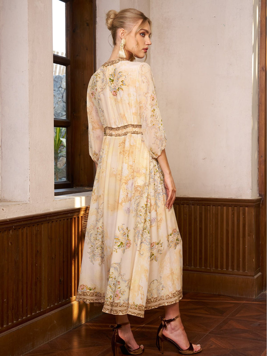 Floral Silk V-Neck Beaded Dress