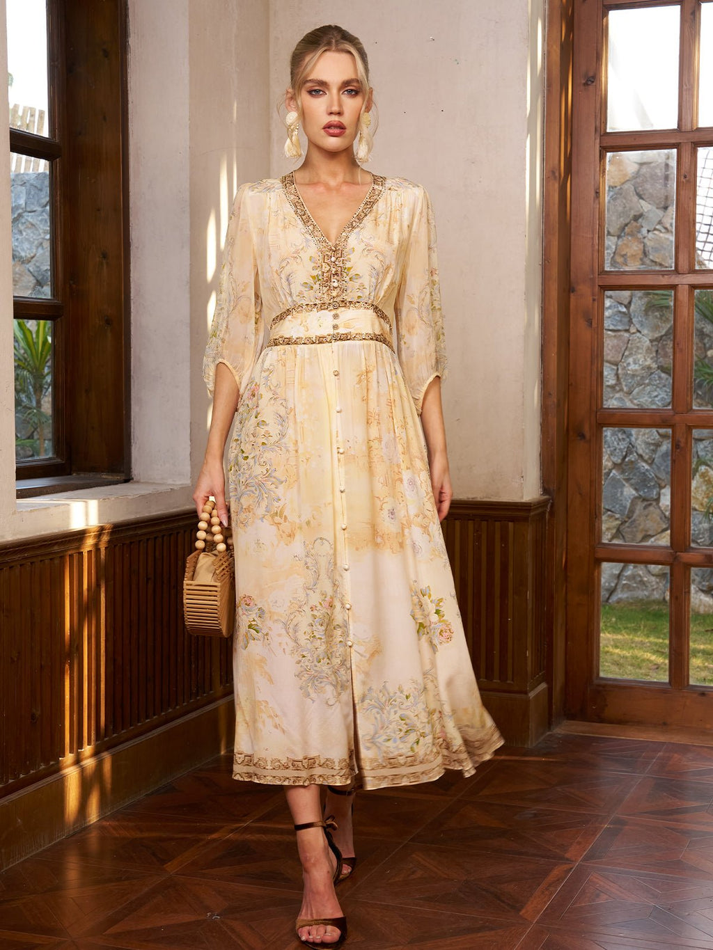 Floral Silk V-Neck Beaded Dress