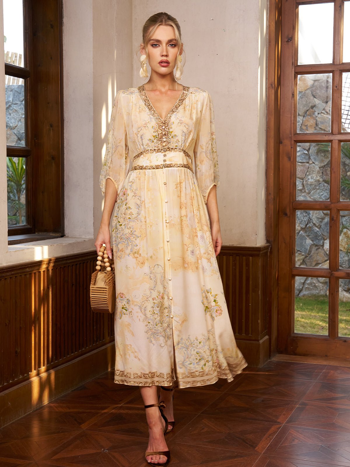 Floral Silk V-Neck Beaded Dress