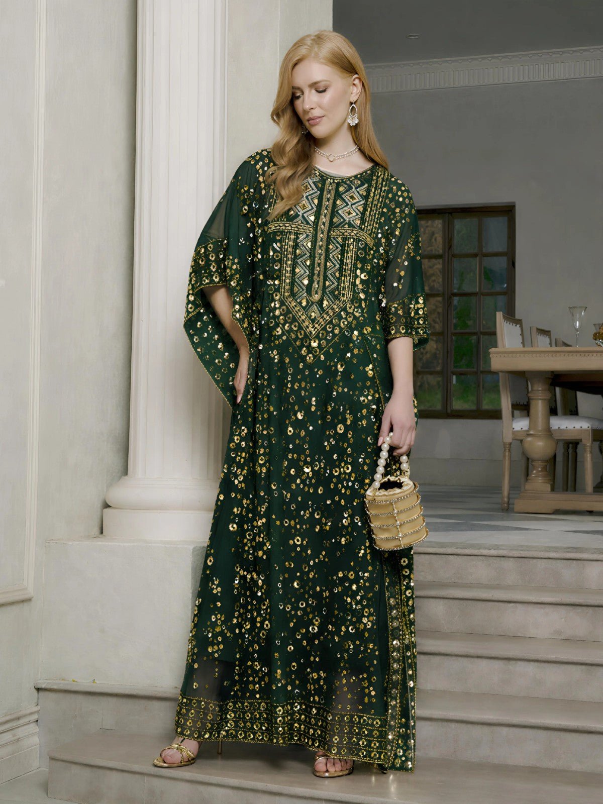 Gold Sequin Beaded Tulle Cape Dress