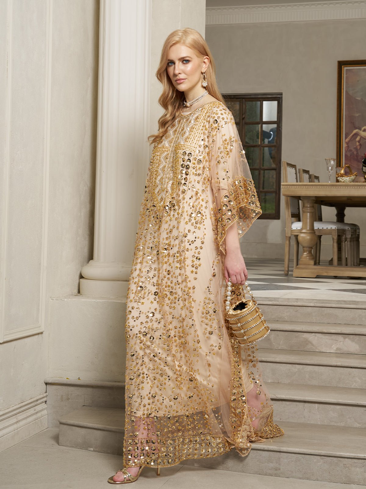 Gold Sequin Beaded Tulle Cape Dress