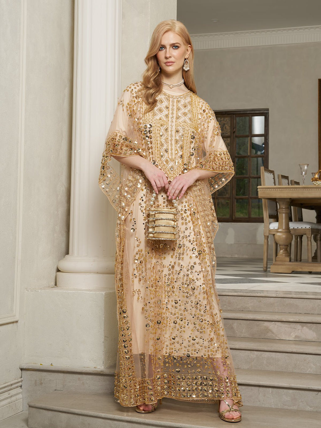 Gold Sequin Beaded Tulle Cape Dress