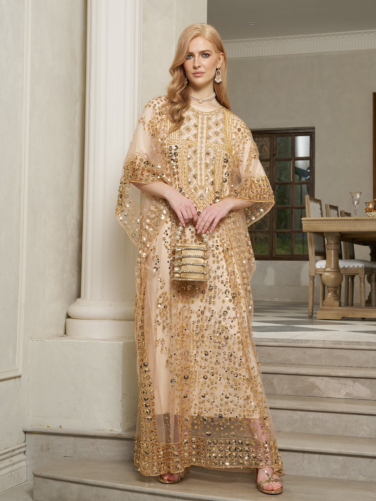 Gold Sequin Beaded Tulle Cape Dress