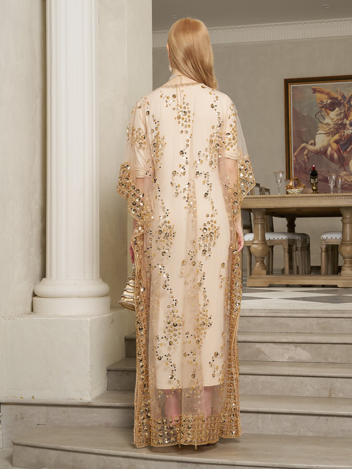 Gold Sequin Beaded Tulle Cape Dress
