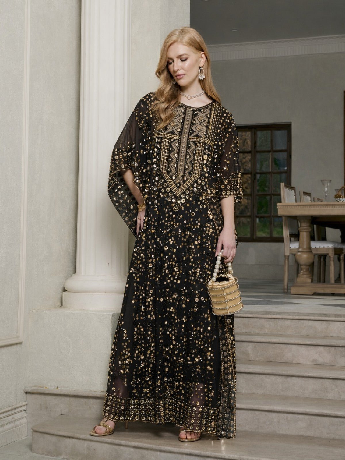 Gold Sequin Beaded Tulle Cape Dress