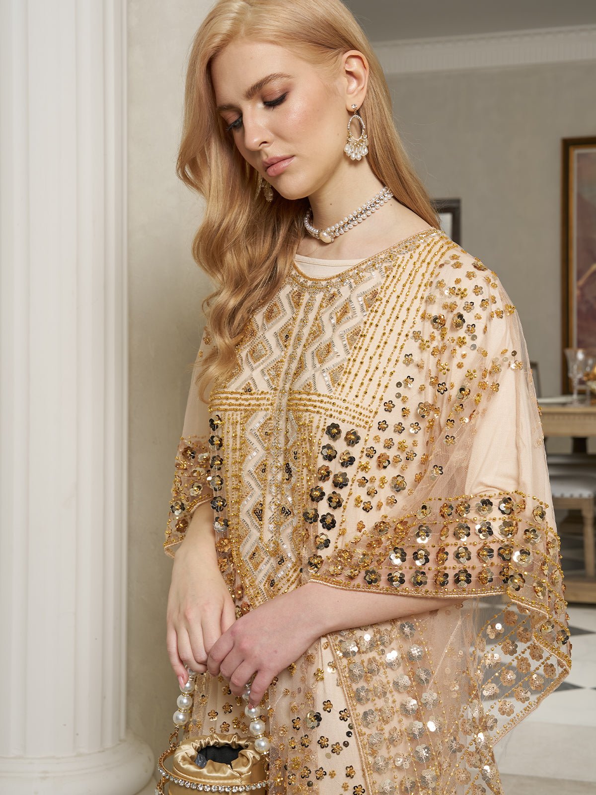Gold Sequin Beaded Tulle Cape Dress