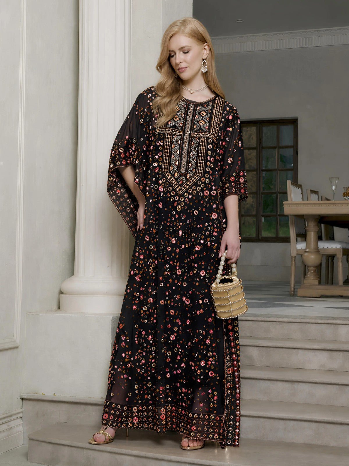 Gold Sequin Beaded Tulle Cape Dress