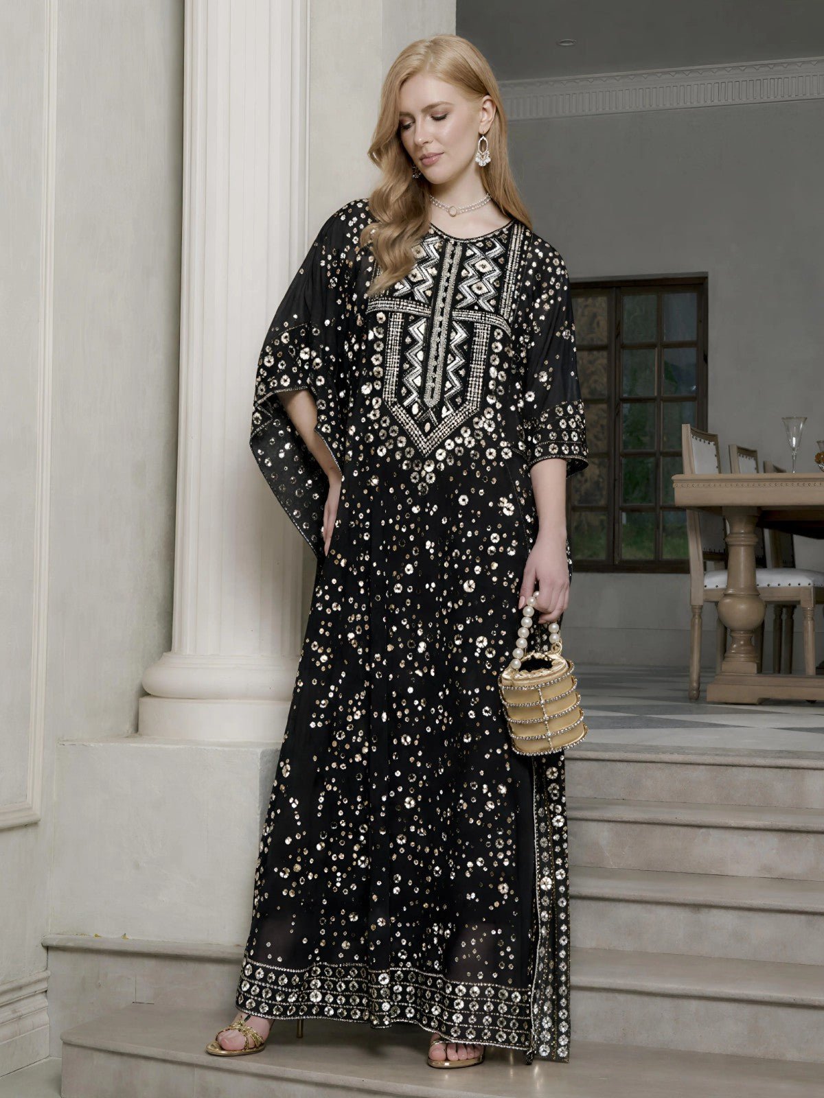 Gold Sequin Beaded Tulle Cape Dress