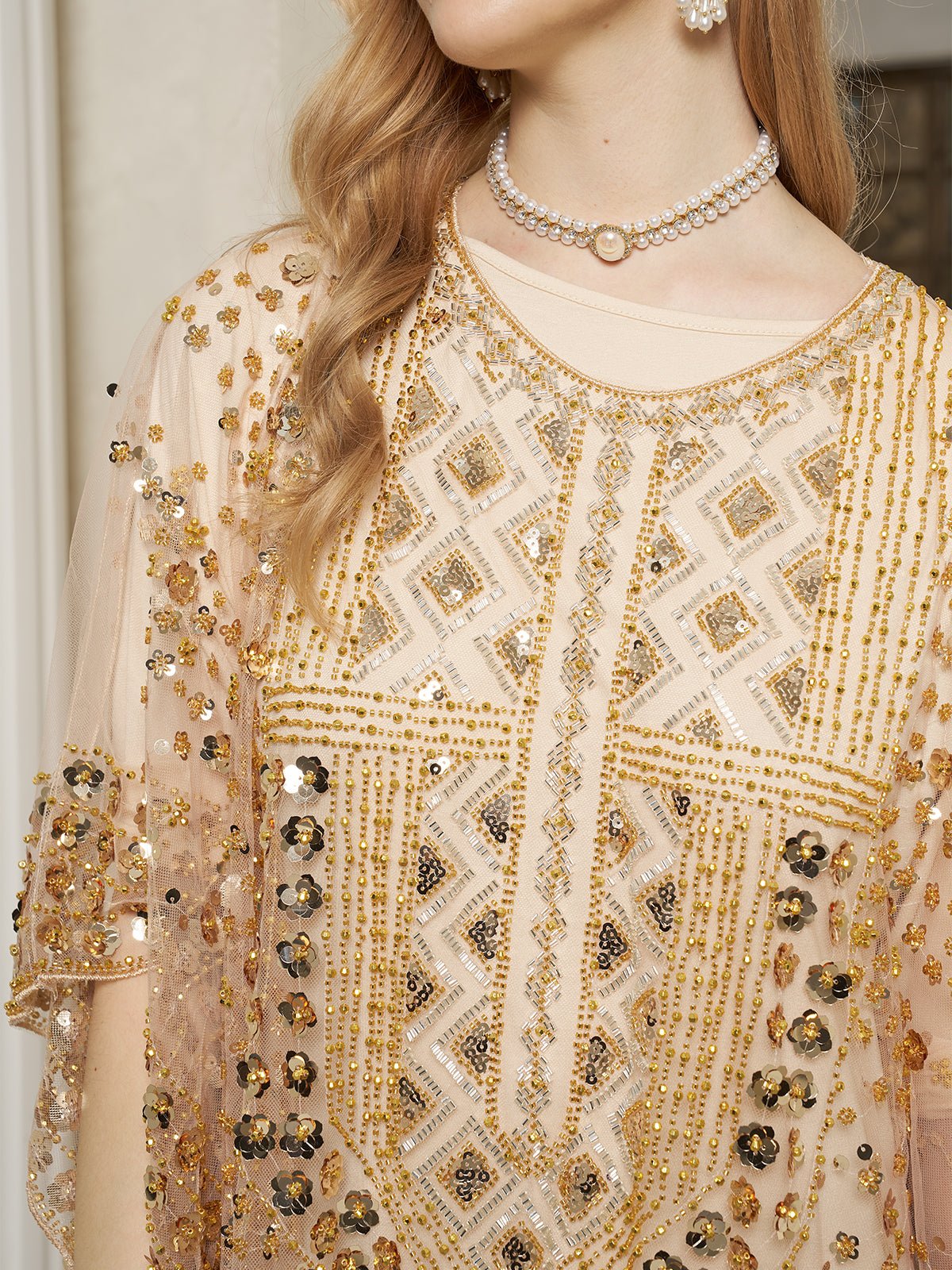 Gold Sequin Beaded Tulle Cape Dress
