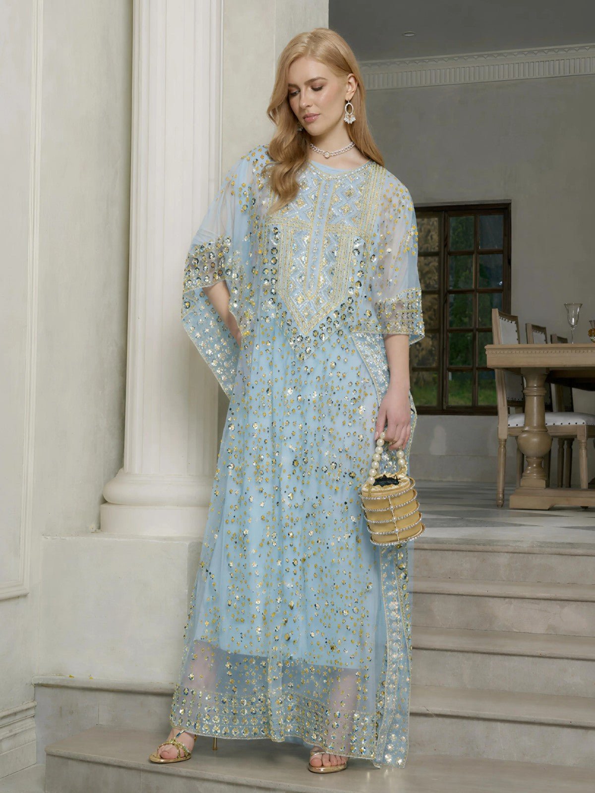 Gold Sequin Beaded Tulle Cape Dress