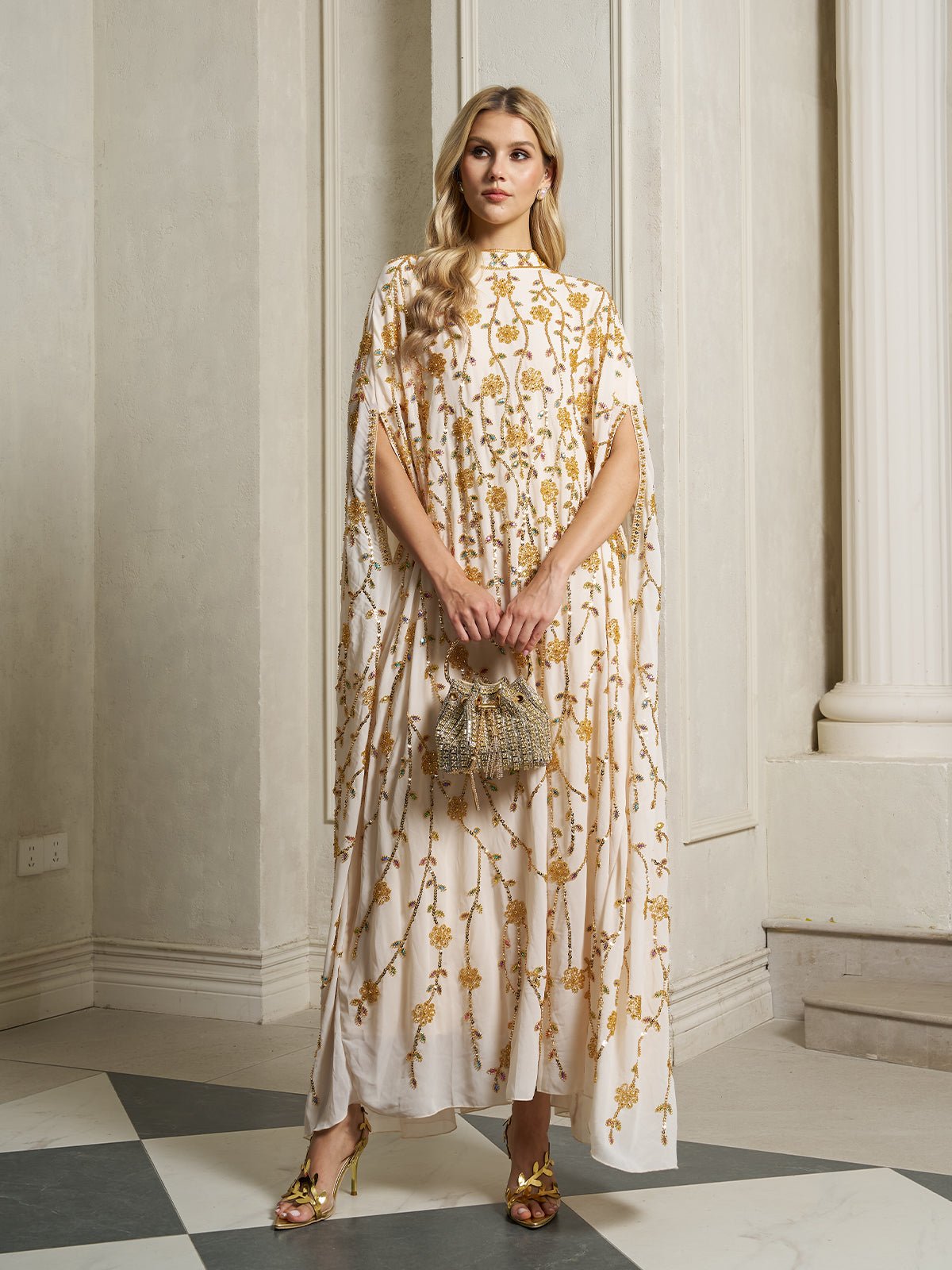 Hand-Embellished Floral Caftan Dress