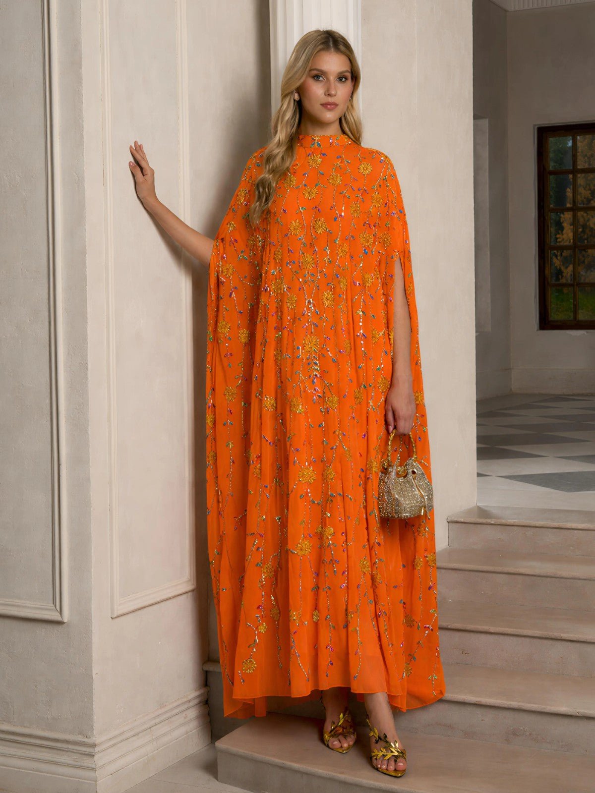 Hand-Embellished Floral Caftan Dress
