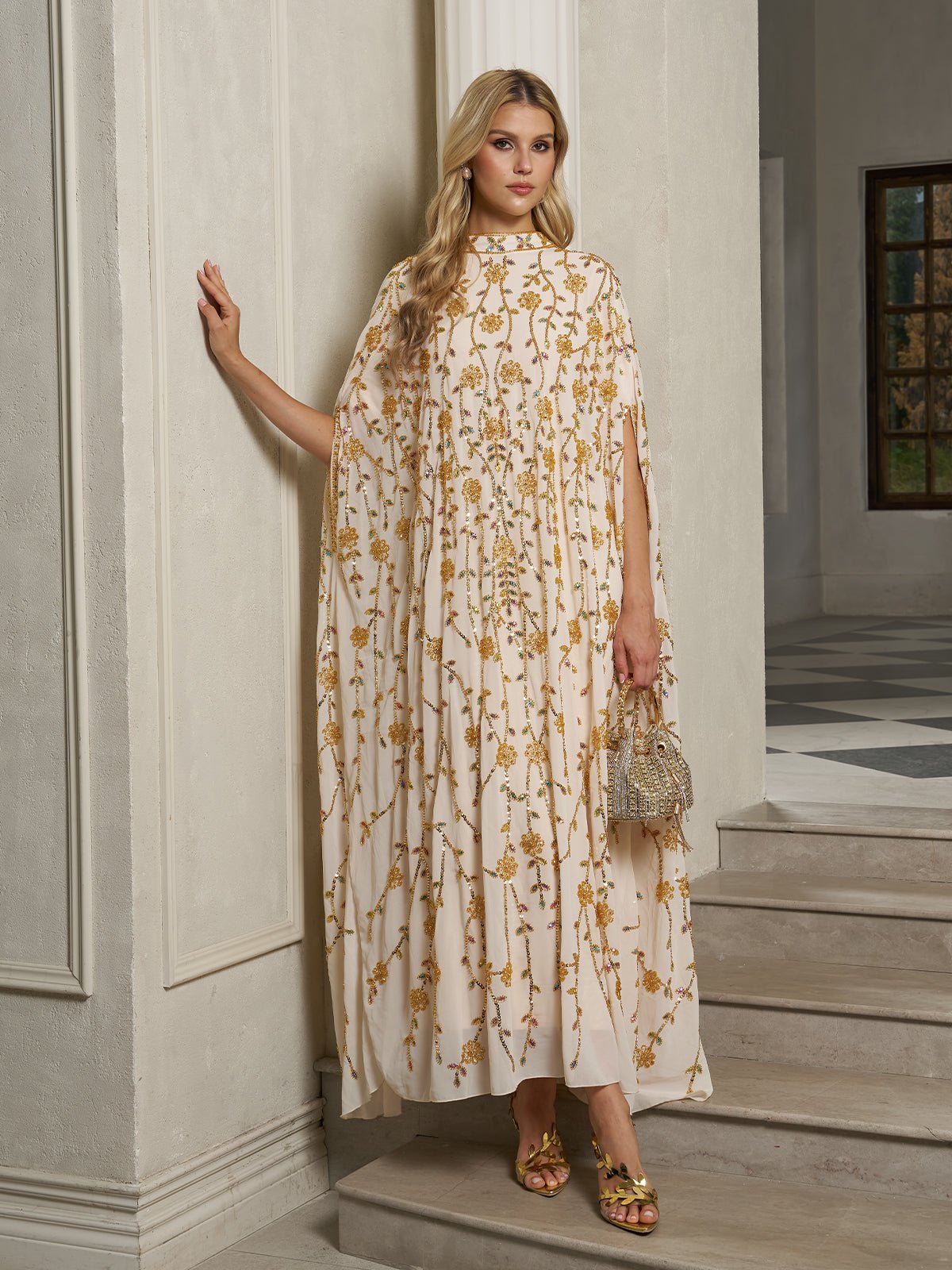 Hand-Embellished Floral Caftan Dress