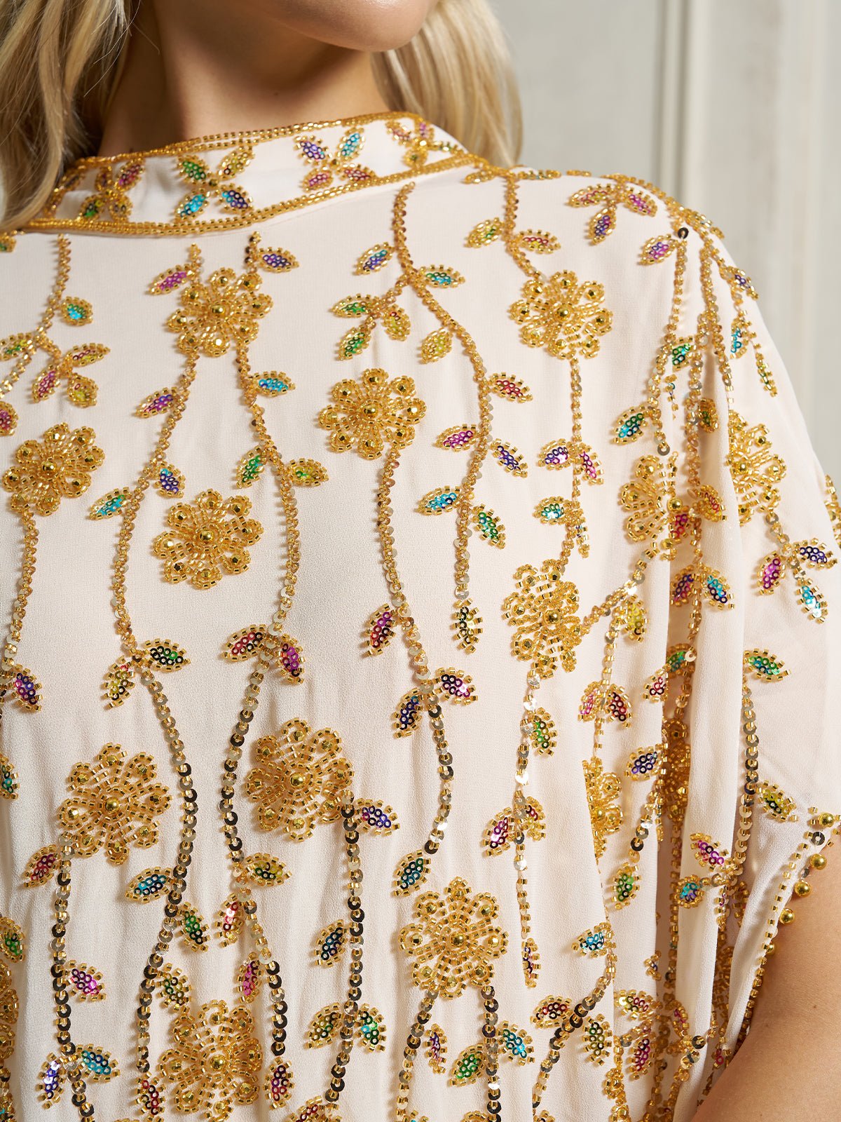 Hand-Embellished Floral Caftan Dress
