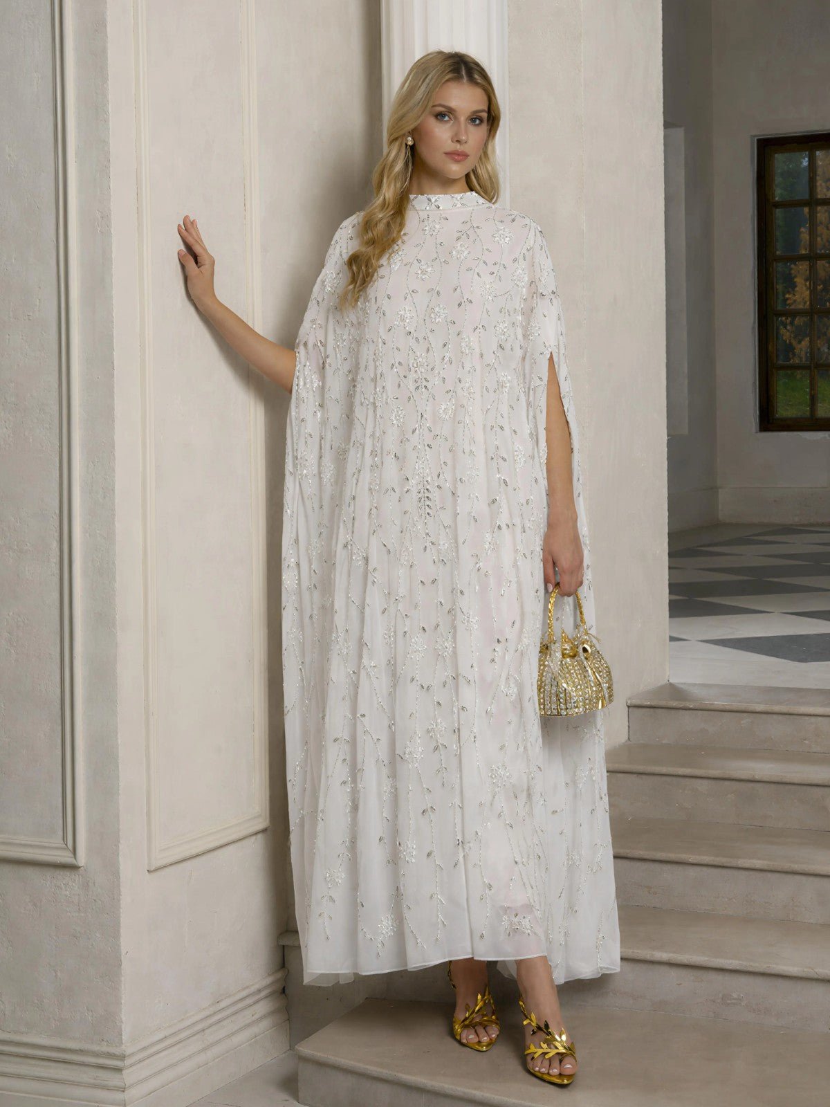 Hand-Embellished Floral Caftan Dress