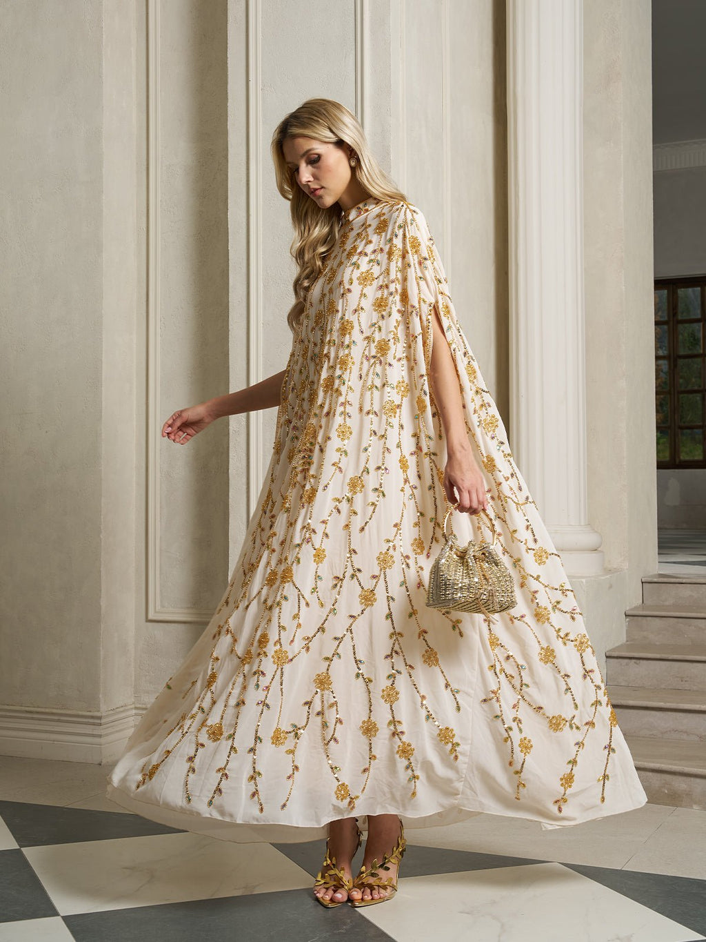 Hand-Embellished Floral Caftan Dress