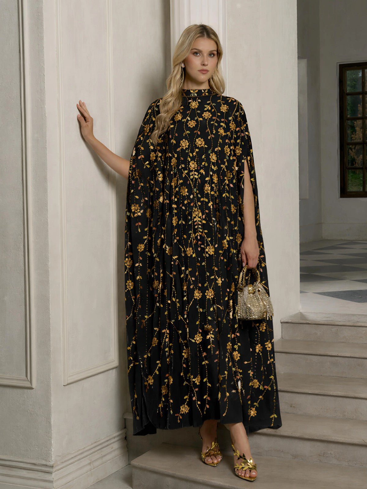 Hand-Embellished Floral Caftan Dress