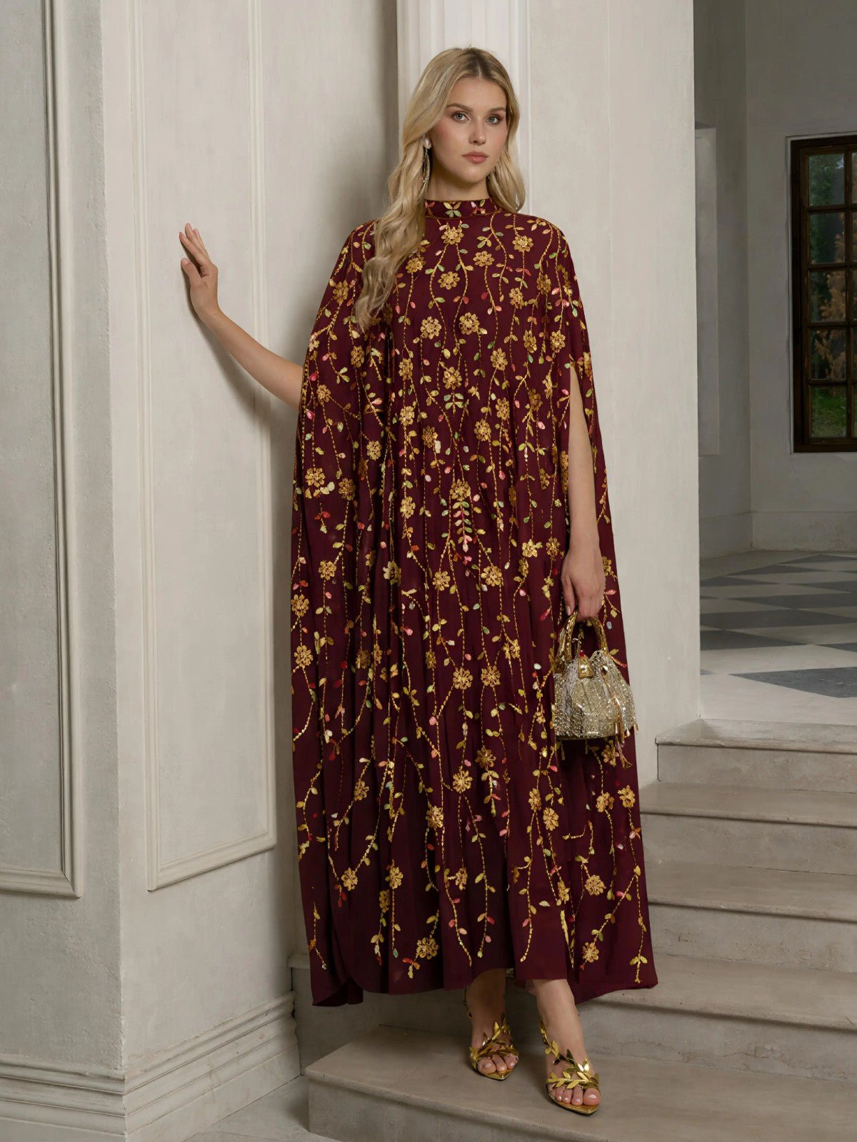 Hand-Embellished Floral Caftan Dress