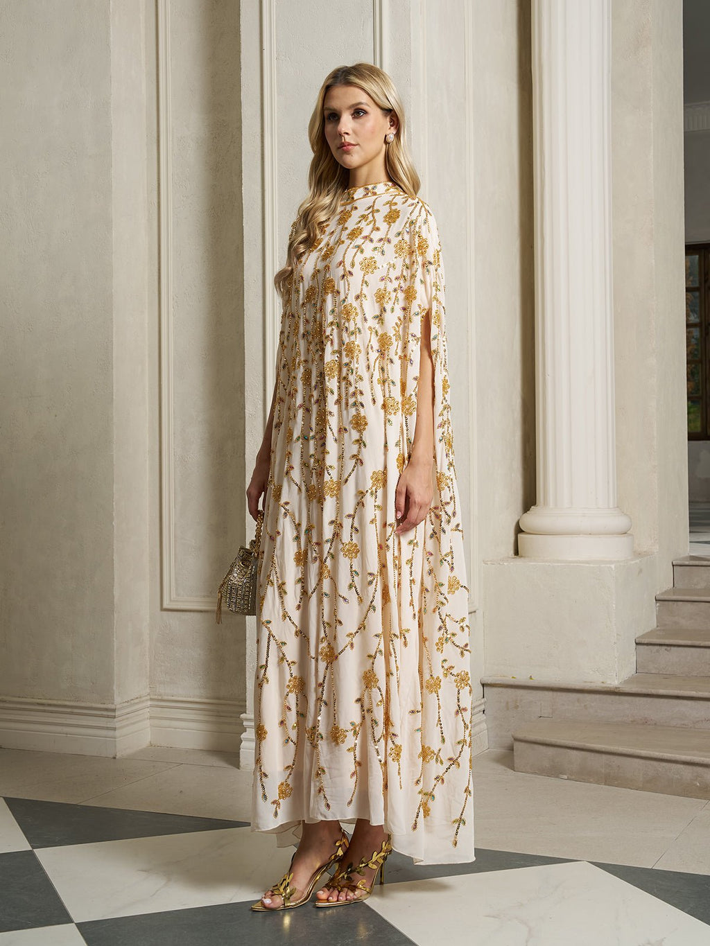 Hand-Embellished Floral Caftan Dress