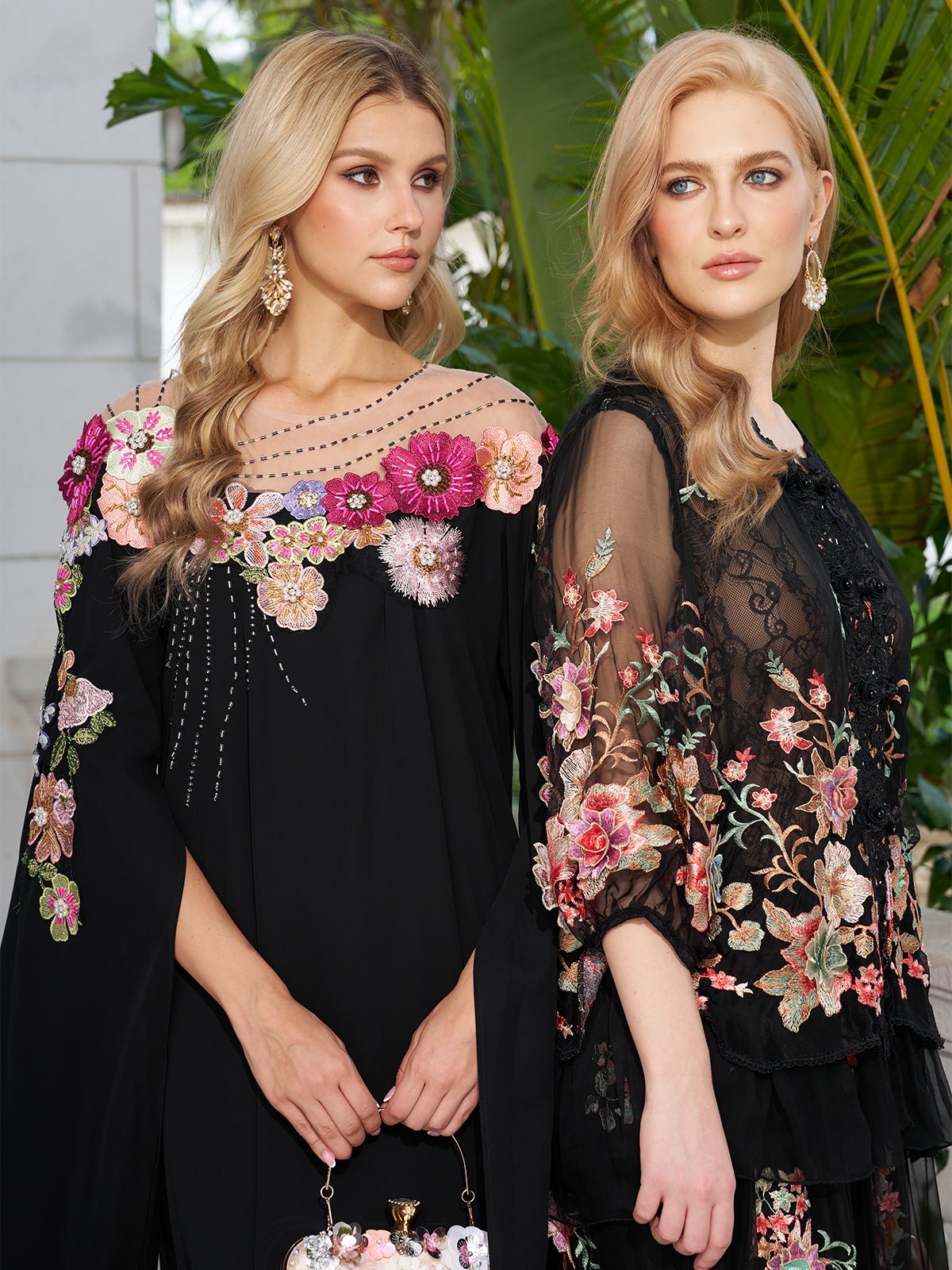 Hand-Embroidered Floral Cape Gown