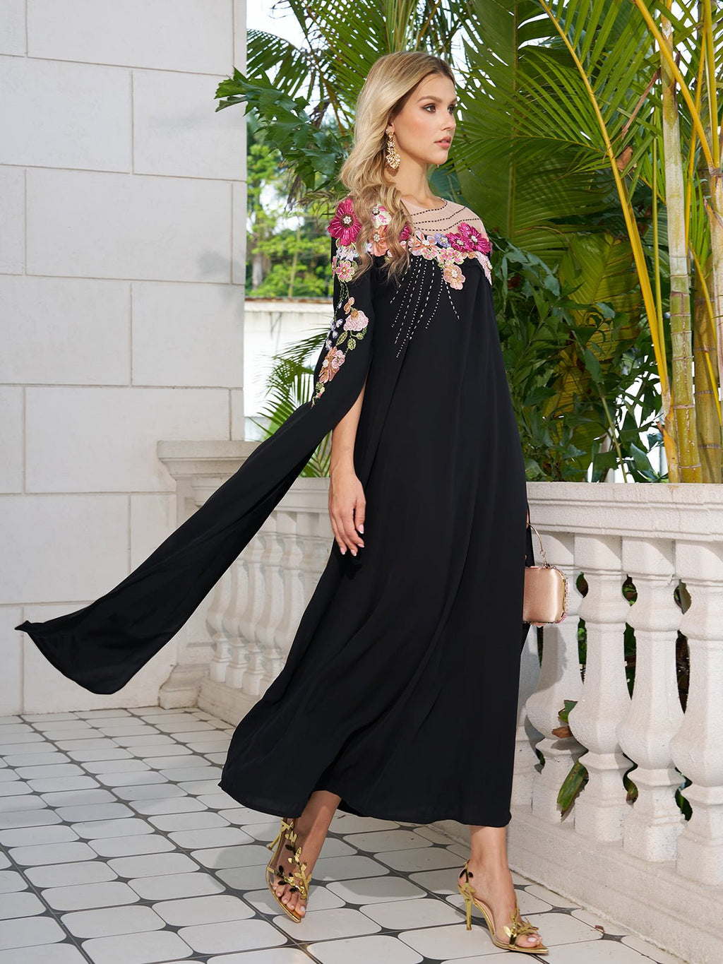 Hand-Embroidered Floral Cape Gown