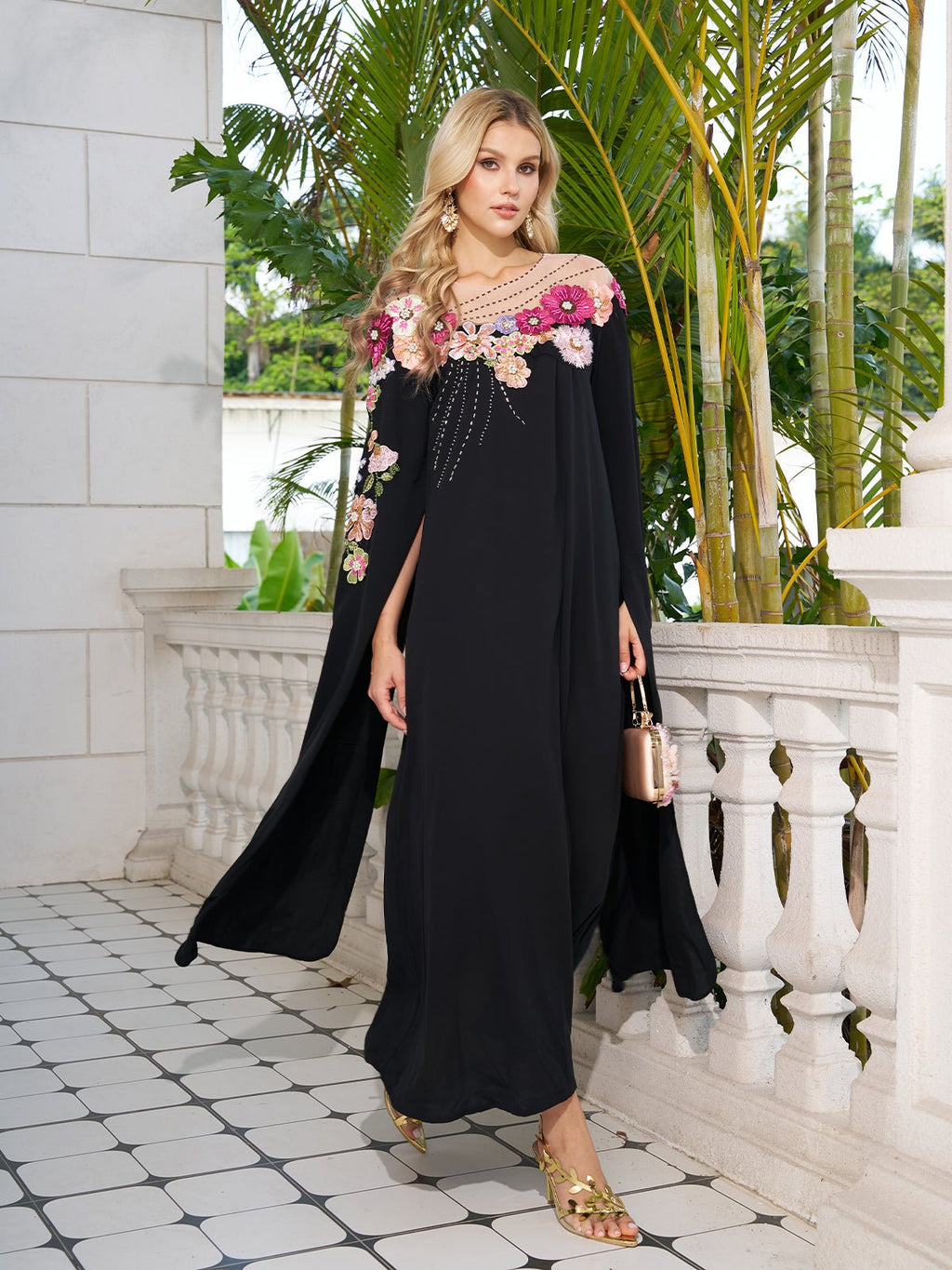 Hand-Embroidered Floral Cape Gown