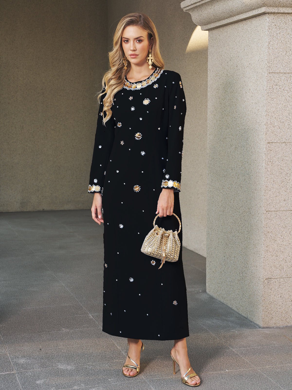 Jewel-Beaded Gold-Trim Dress